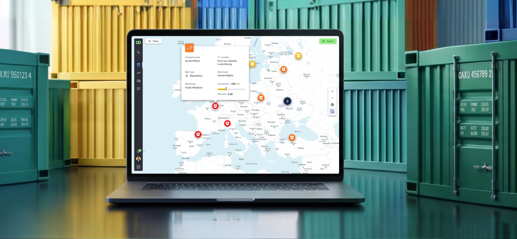 SCRIOO risk map open on a laptop, next to shipping containers.