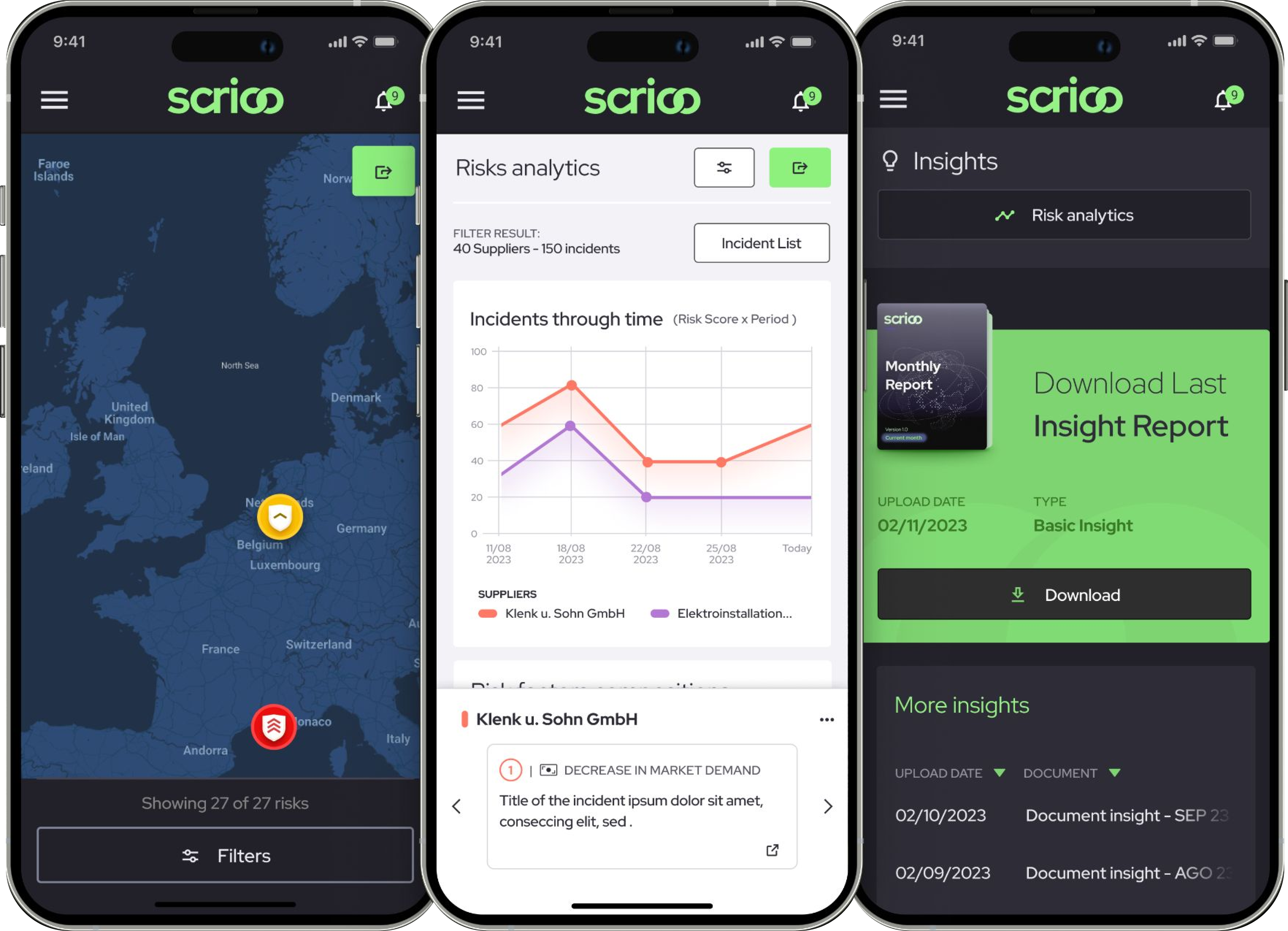 Three mobile screens showing the risk map, incident analytics, and insight reports.