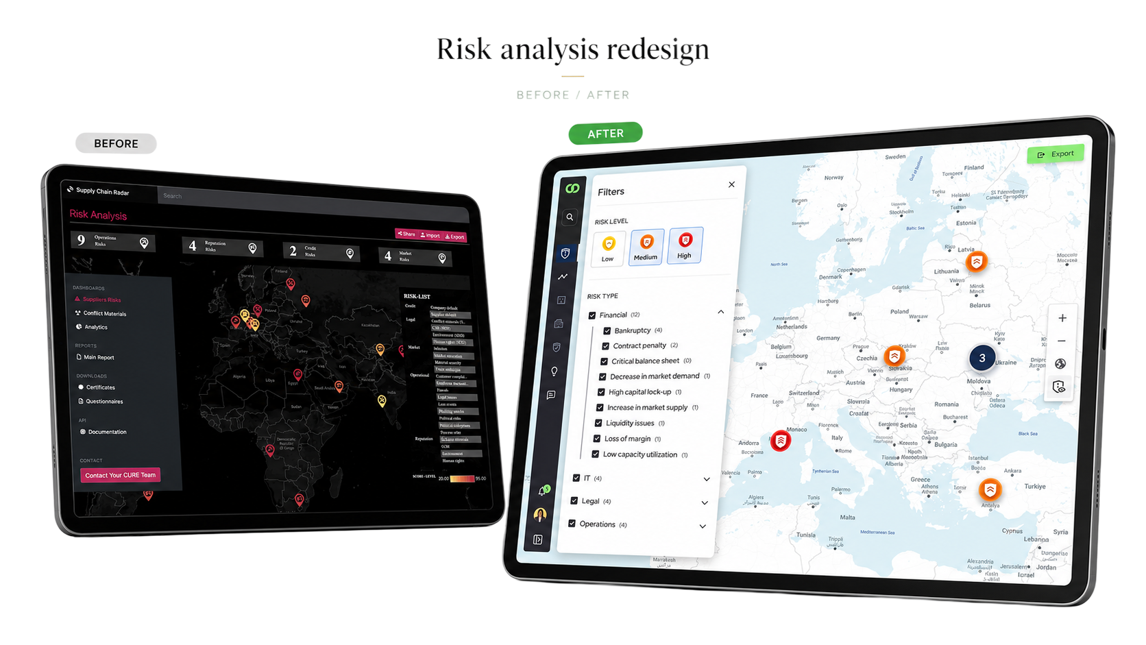 Before and after comparison of the risk map, from a dense dark UI to a clearer light UI.
