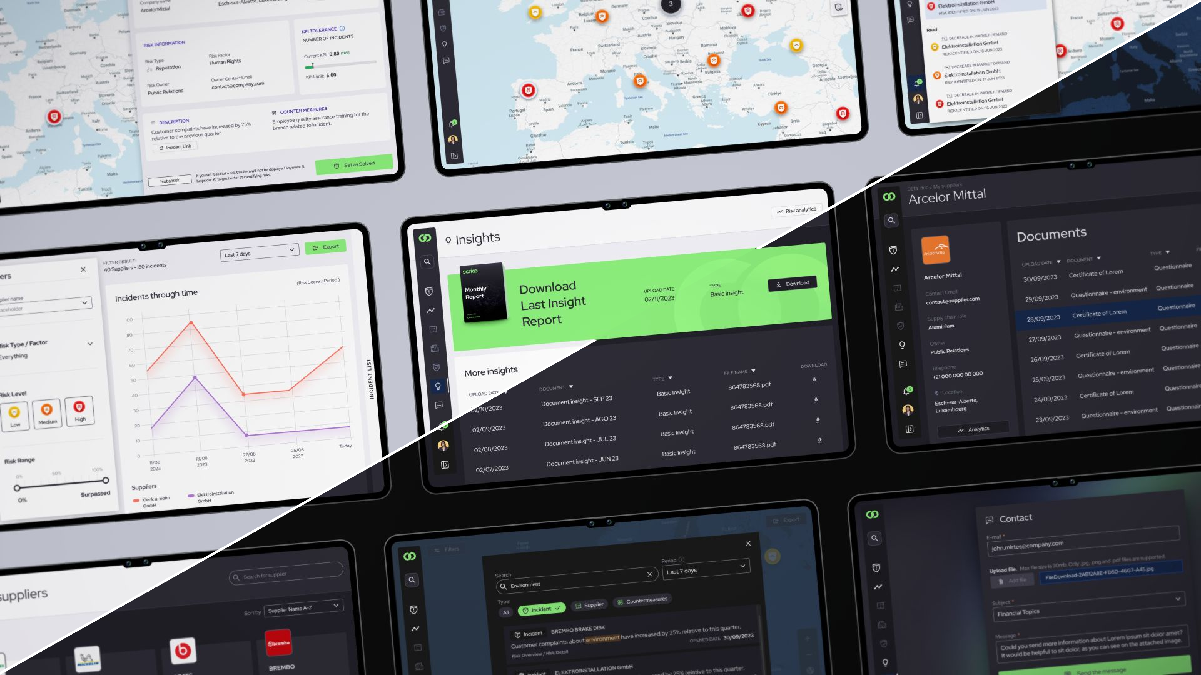 Collage of SCRIOO screens — risk detail, incident charts, insights, suppliers, and documents.