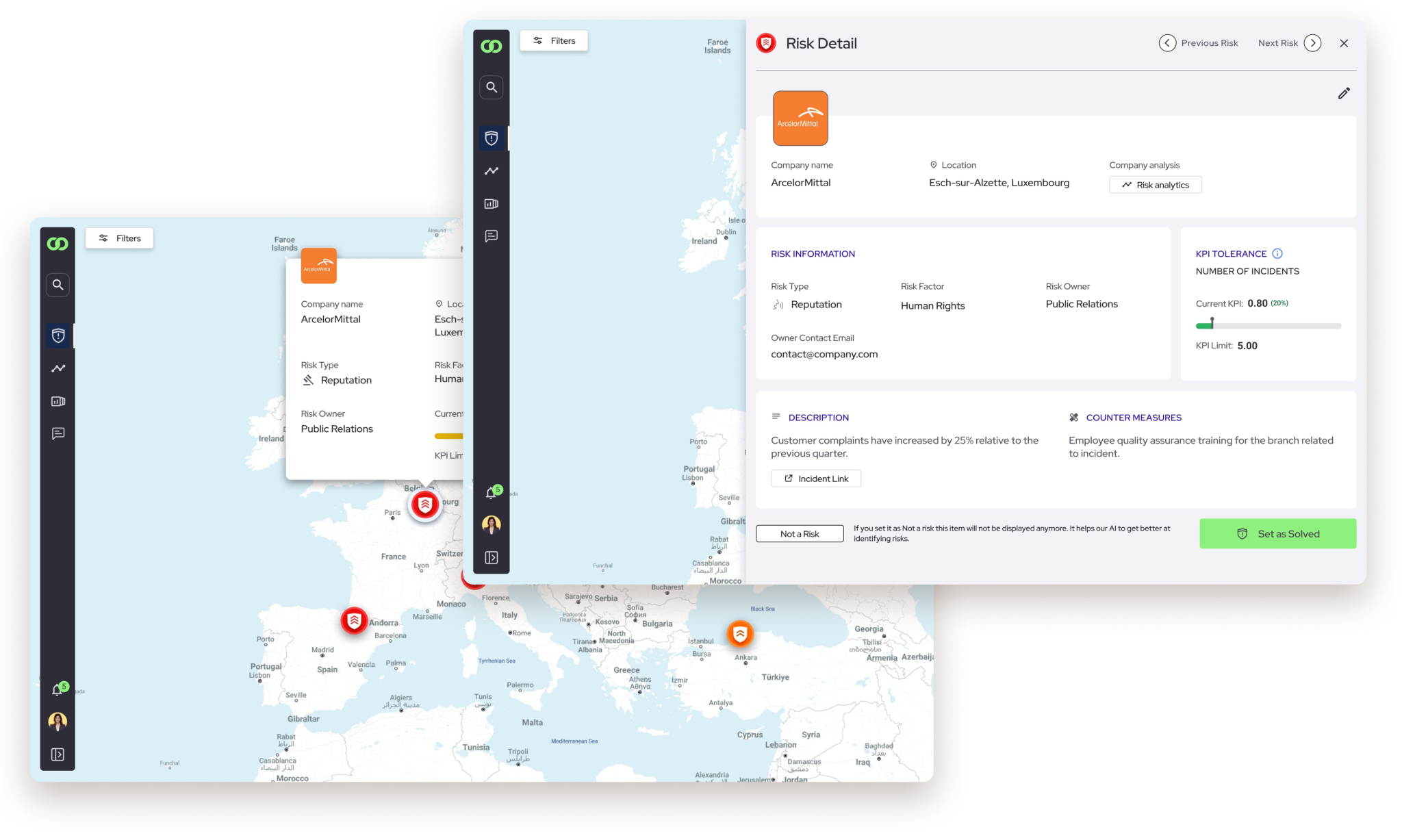 Two SCRIOO screens layered together: the risk map with a supplier popup, and the expanded risk detail panel.