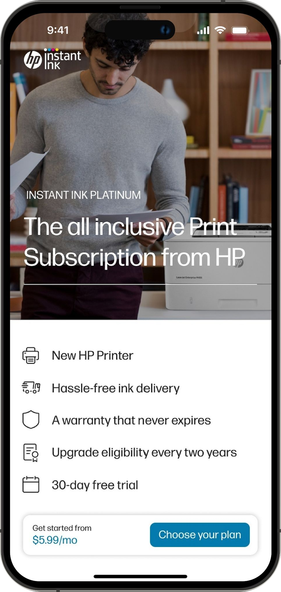 Mobile screen introducing the all-inclusive printer subscription plan.