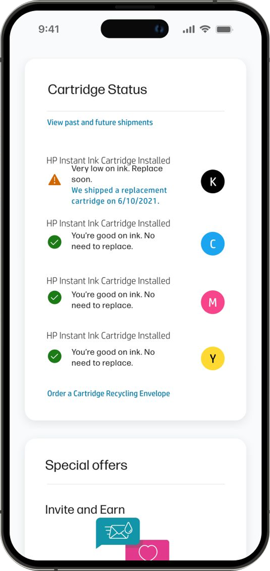 Mobile screen showing cartridge status for each ink color, with replacement alerts.