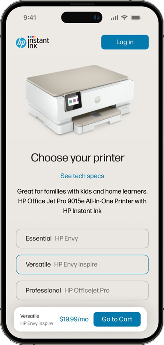 Mobile screen for choosing a printer, comparing Essential, Versatile, and Professional tiers.