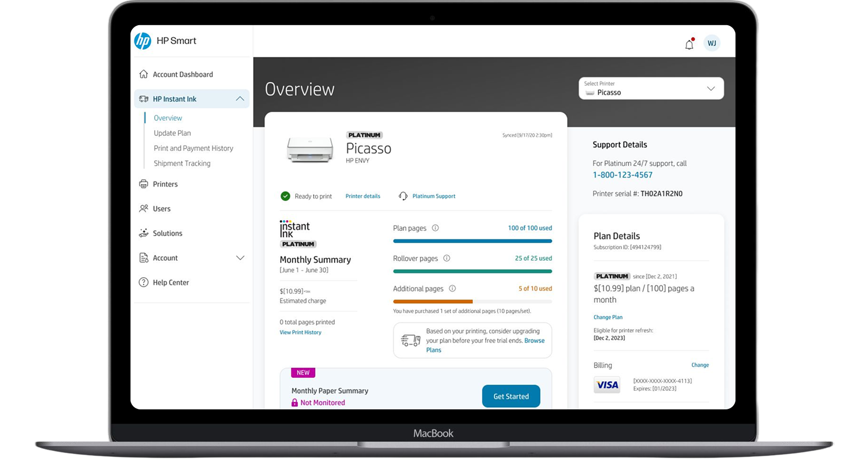 Desktop view of the HP Smart account overview, showing plan usage and support details.