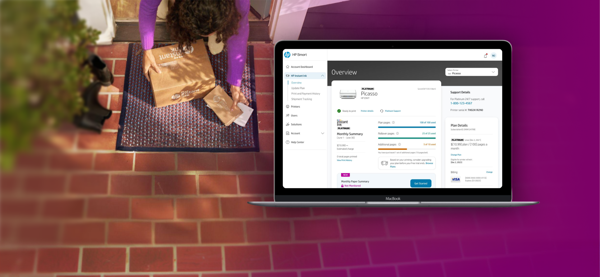 HP Instant Ink box being delivered, next to a laptop showing the HP Smart account overview.