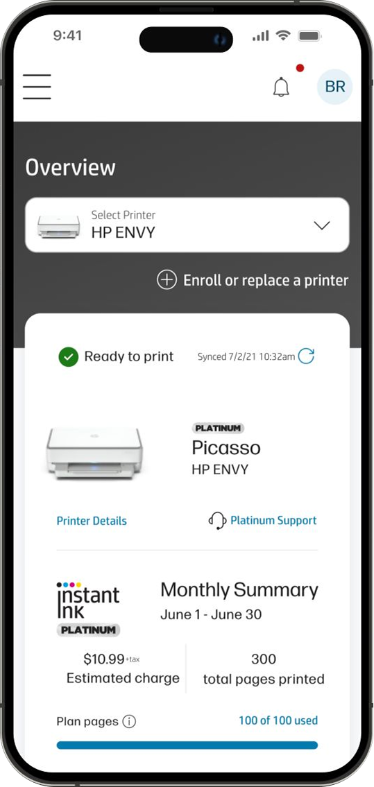 Mobile account overview screen showing plan pages used, printer status, and support details.
