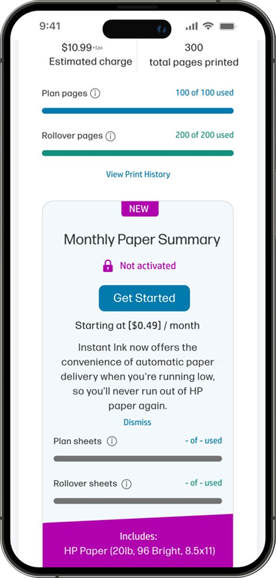 Mobile screen showing the monthly paper summary and plan and rollover page usage.