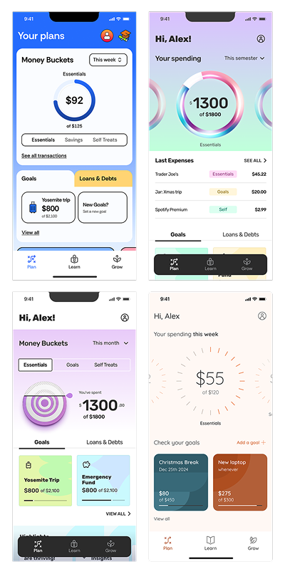 Quatro direções visuais de UI comparadas durante a validação no Maze.
