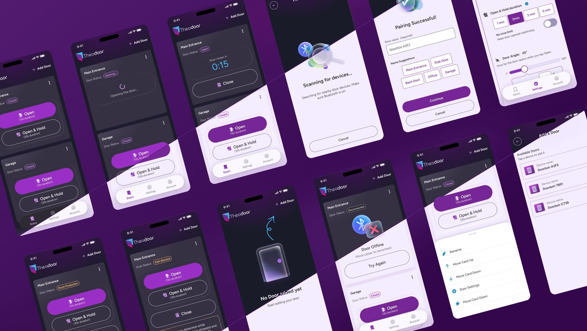 Theodoor's smart door app interface, showing the door list and controls.