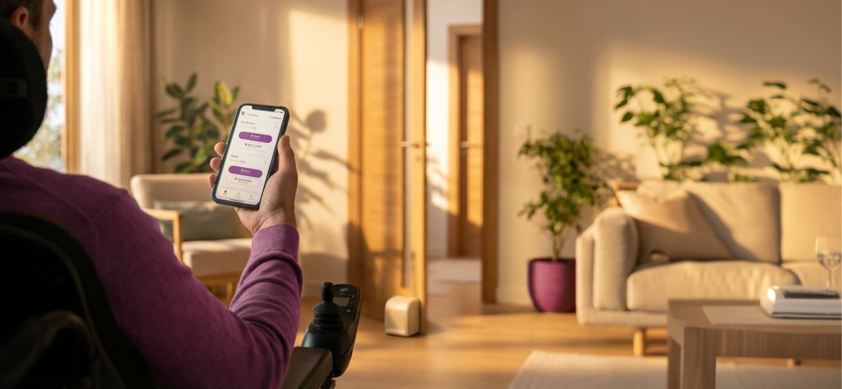 A person using a wheelchair opens a door with the Theodoor app on their phone.