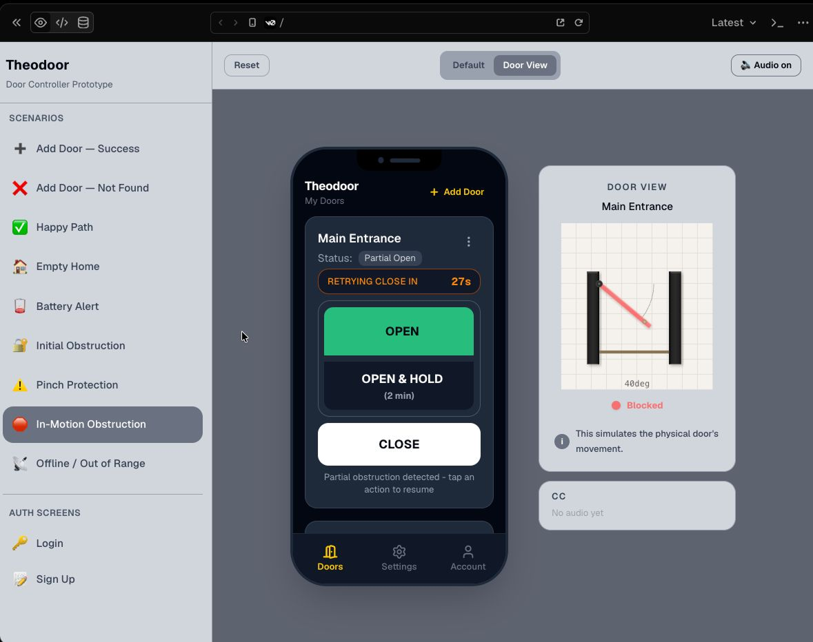 The behavioral prototype simulator with test scenarios like in-motion obstruction and offline states.